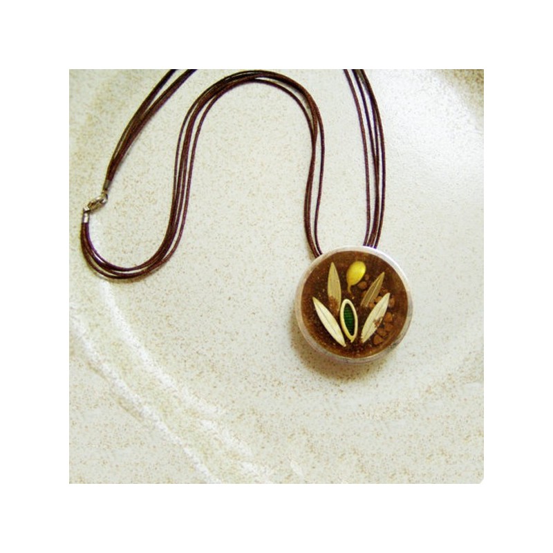 Green and gold olives in resin and sterling silver, large designer pendant.