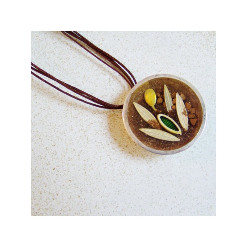 Green and gold olives in resin and sterling silver, large designer pendant.