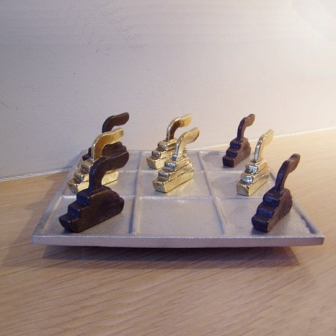 Greek ships tictactoe, brass and aluminum sculpture, table game. 2