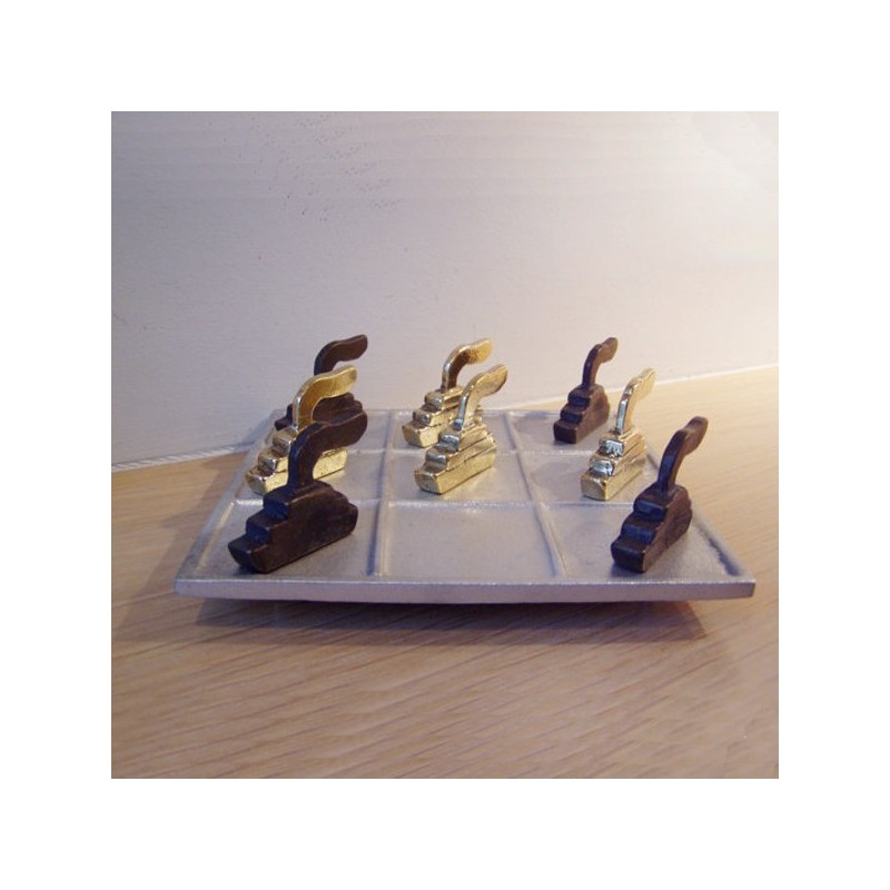 Greek ships tictactoe, brass and aluminum sculpture, table game.