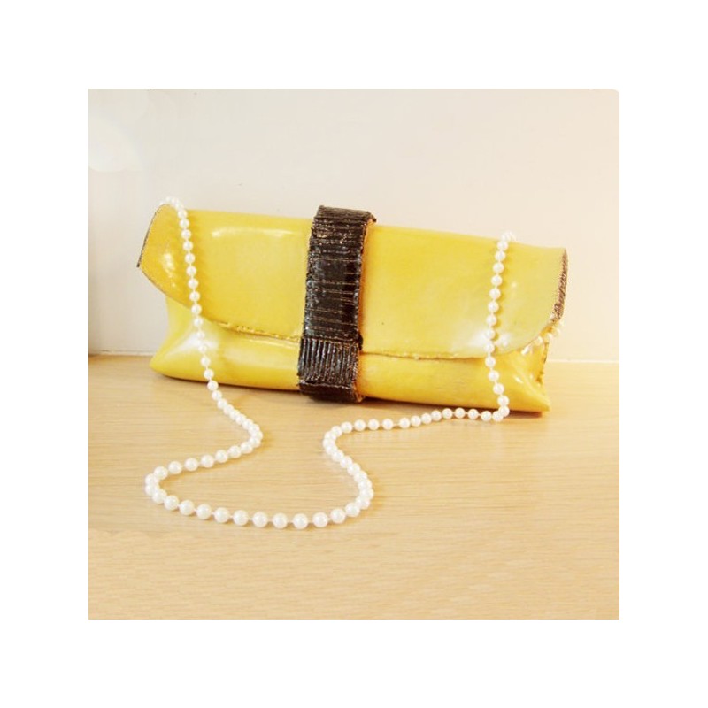 Yellow clutch bag with faux pearls strap, stoneware high fire sculpture, unique art object.