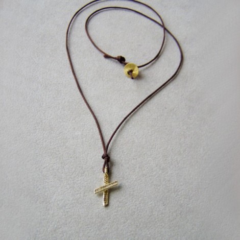 Modern gold cross necklace, gold plated sterling cross on a brown cord