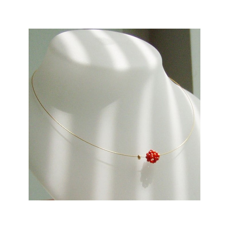 Red coral ball minimal necklace, coral and gold plated silver choker on a gold wire.