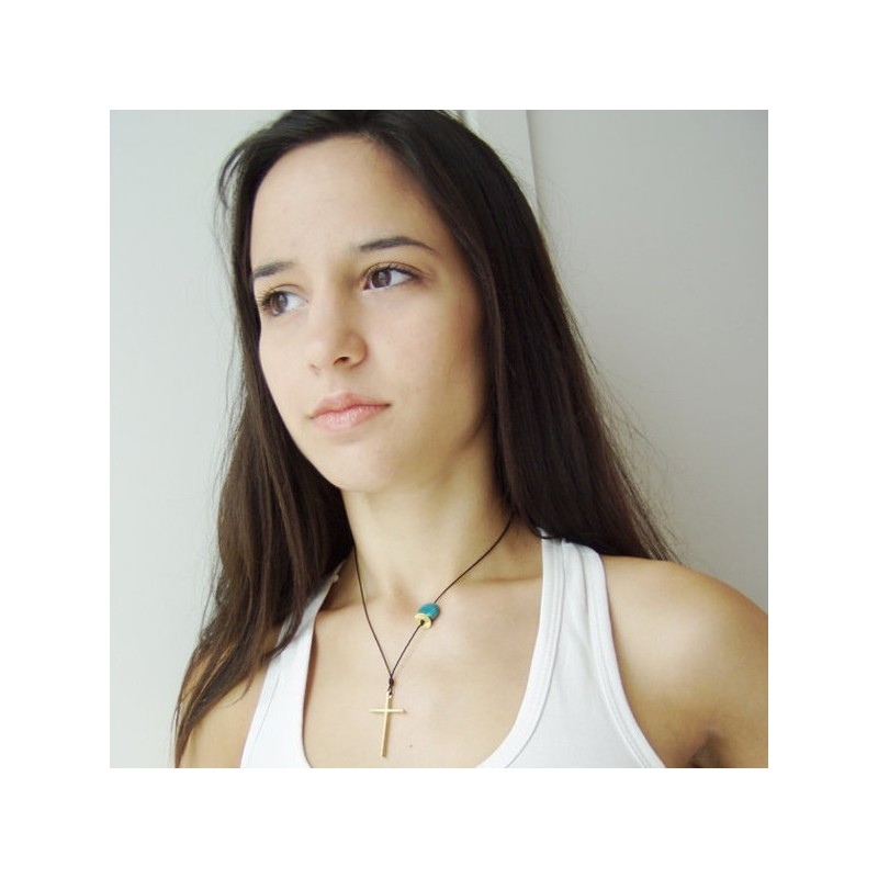 Large gold cross necklace, minimal sterling cross on a black cord with round turquoise stone.
