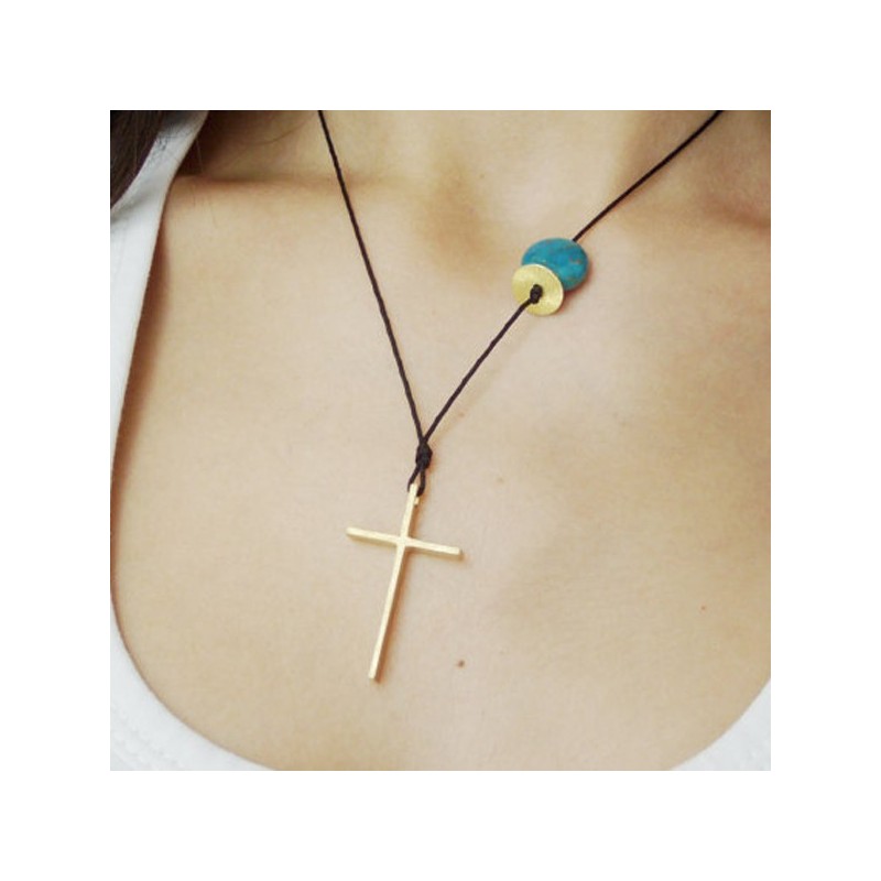 Large gold cross necklace, minimal sterling cross on a black cord with round turquoise stone.