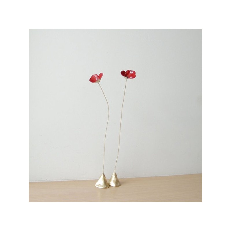 Red poppy metal sculpture, brass flower art object with red enamel.