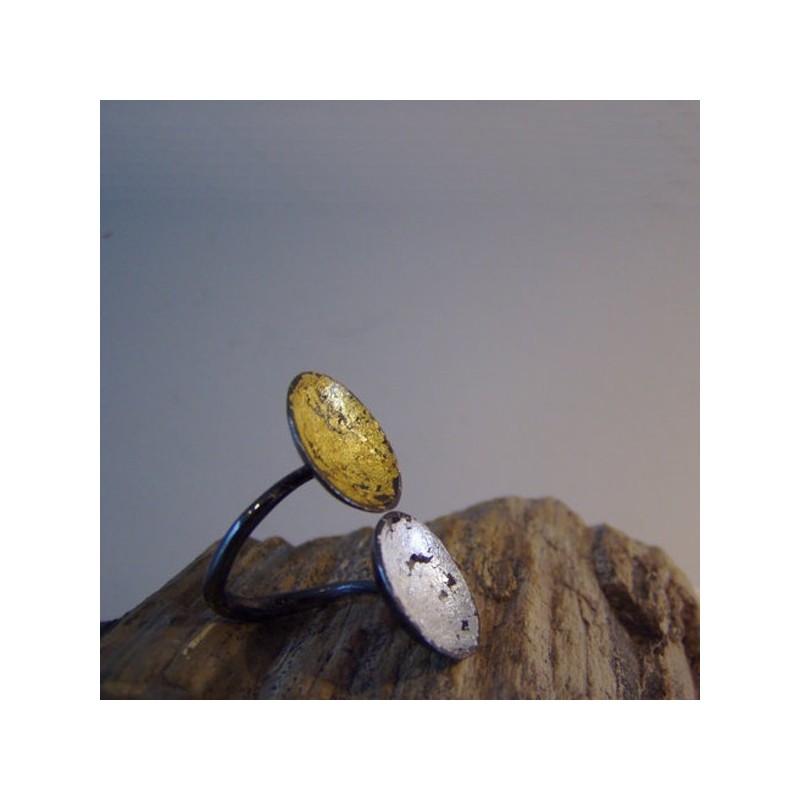 Open, two spheres oxidised ring, gold and silver leaf.