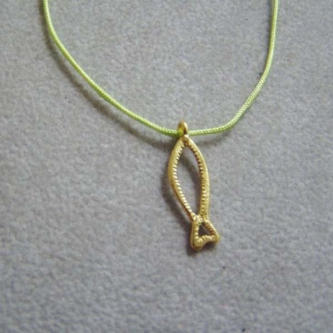 Fish outline gold necklace, 18 k handmade gold pendant on a chartreuse cord.