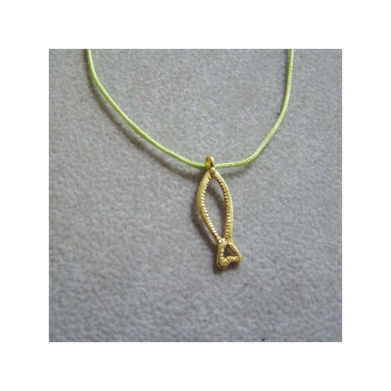 Fish outline gold necklace, 18 k handmade gold pendant on a chartreuse cord.
