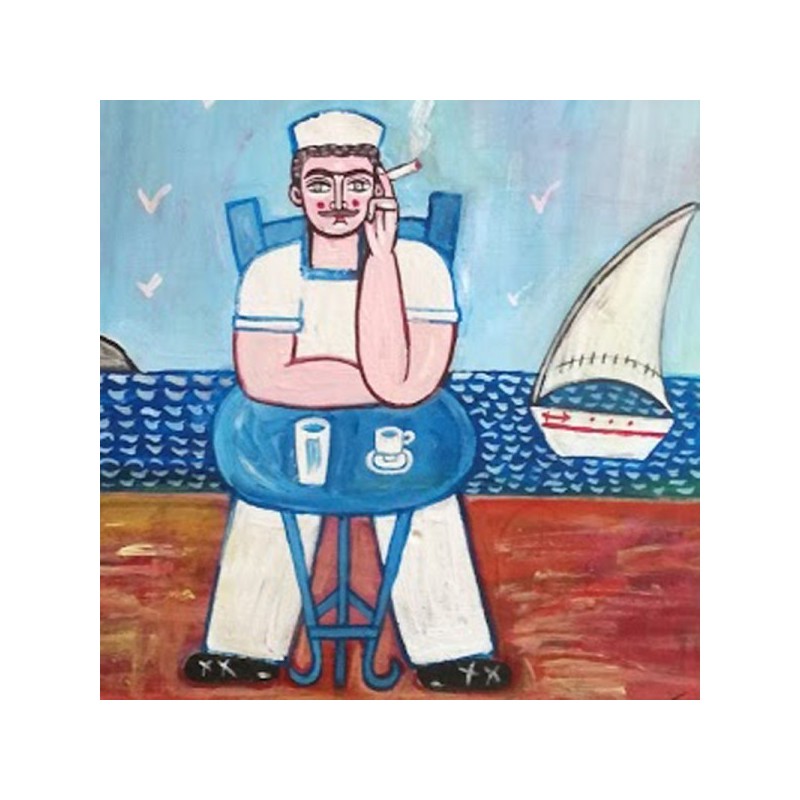 Folk painting of sailor sitting at cafe, vintage Greek folk art on reclaimed wood, Greek island scene
