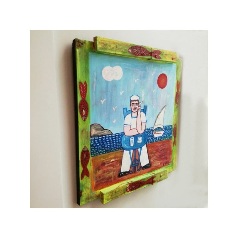 Folk painting of sailor sitting at cafe, vintage Greek folk art on reclaimed wood, Greek island scene