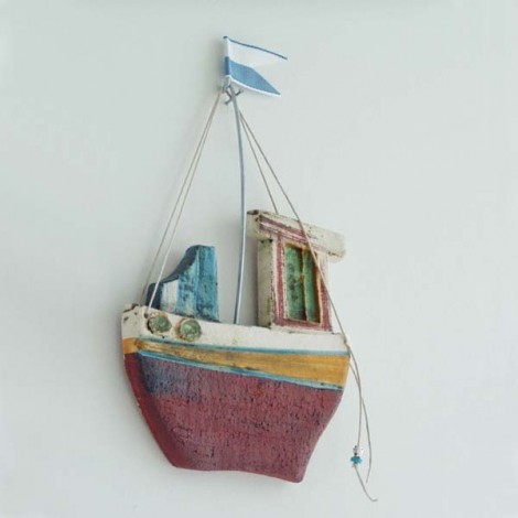 Ceramic fishing boat, wall decor ceramic boat, Greek fishing boat with blue white flag. 2