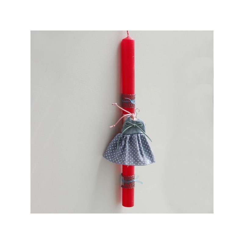 Easter candle with denim dress miniature, red Greek Easter candle with blue jeans dress on hanger and lace decor