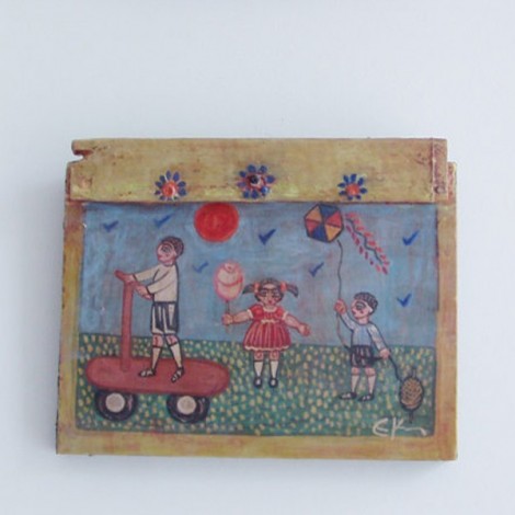 Kids at play painting on reclaimed wood 2