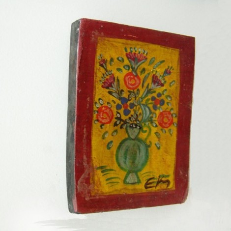 Folk art painting of a vase with flowers on salvaged wood 2