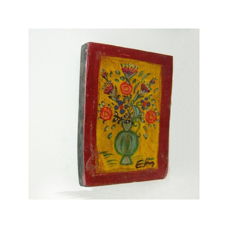 Folk art painting of a vase with flowers on salvaged wood